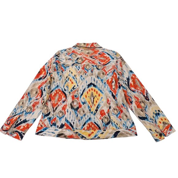 Chico's Ikat Print Cotton Jacket, White Multi, M - Picture 7 of 8
